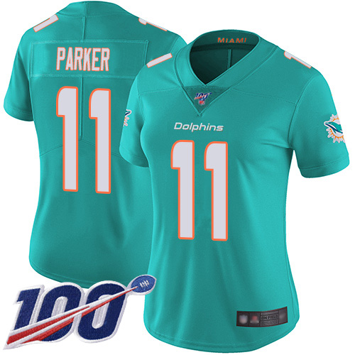 Nike Miami Dolphins #11 DeVante Parker Aqua Green Team Color Women Stitched NFL 100th Season Vapor Limited Jersey->women nfl jersey->Women Jersey